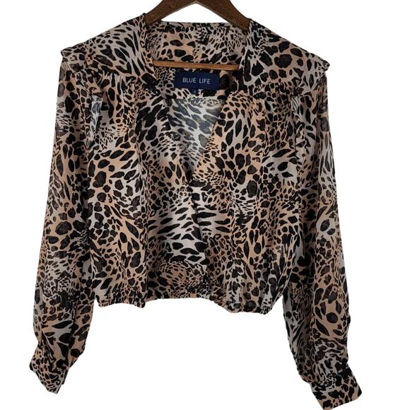 Blue Life Animal Style Ruffle Shoulder Faux Wrap Blouse Womens S - Picture 4 of 7